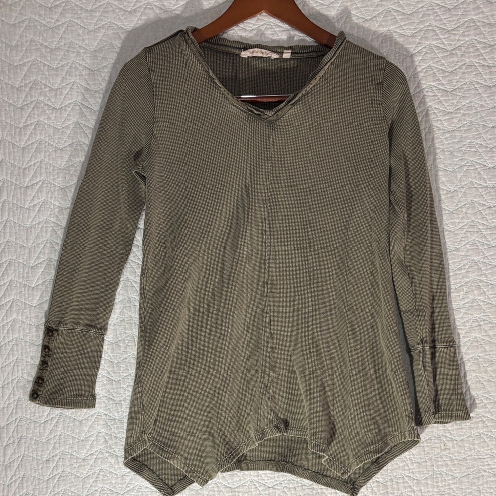 Soft Surroundings Olive Waffle V-Neck Long Sleeve Tee